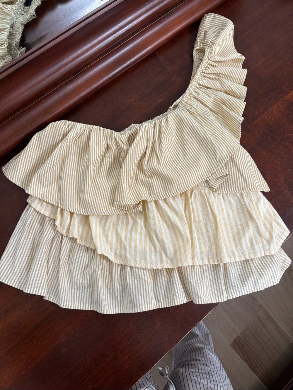 Vici One-Shoulder Ruffle Top in Cream and Tan Stripes
